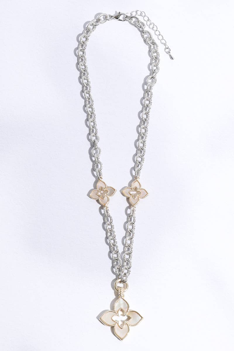 14K Gold Plated Mother Of Pearl Clover Pendant Station Necklace
