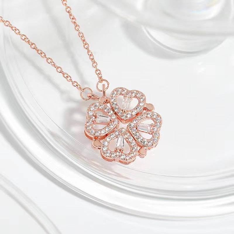 14″ Gold Dainty Necklace with Pavé Clover & Heart Charms – Convertible 2-Way Design