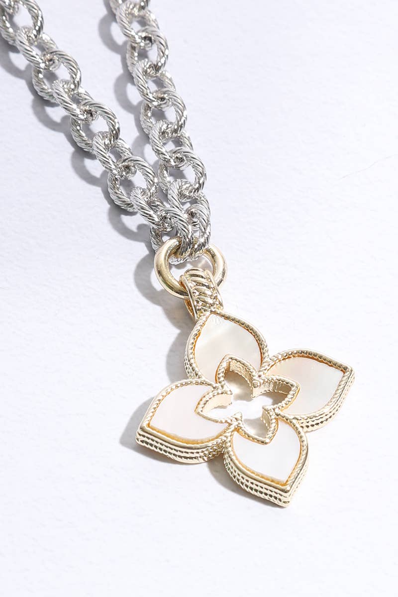 14K Gold Plated Mother Of Pearl Clover Pendant Station Necklace