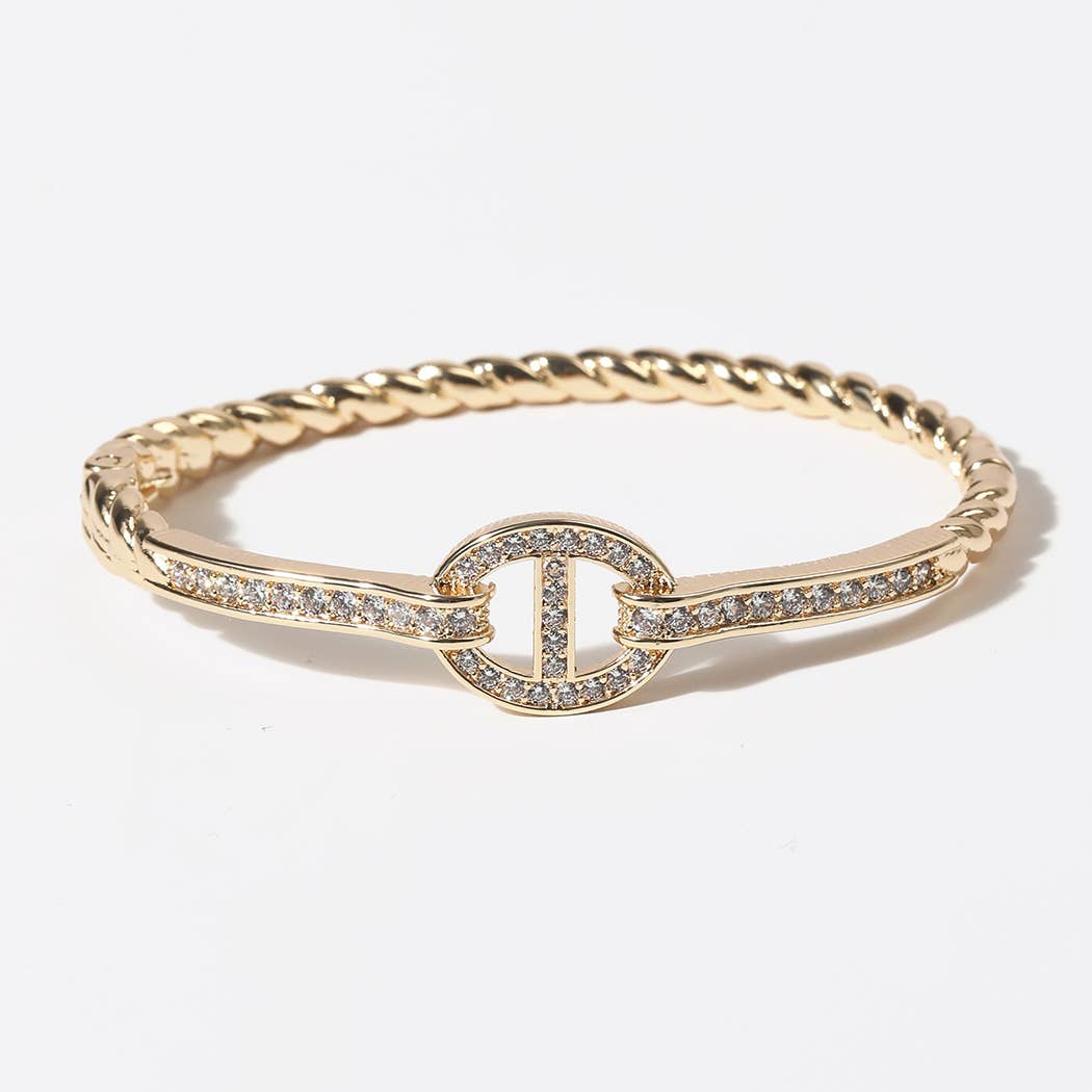Linked CZ Oval Twisted Gold Plated Bangle Bracelet