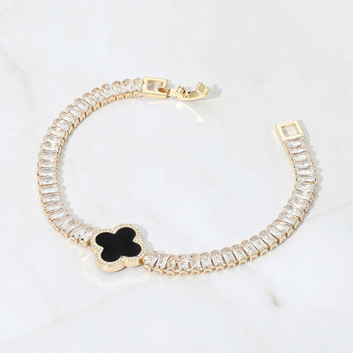 Quatrefoil Charm Accent CZ Baguette Cluster Link Bracelet