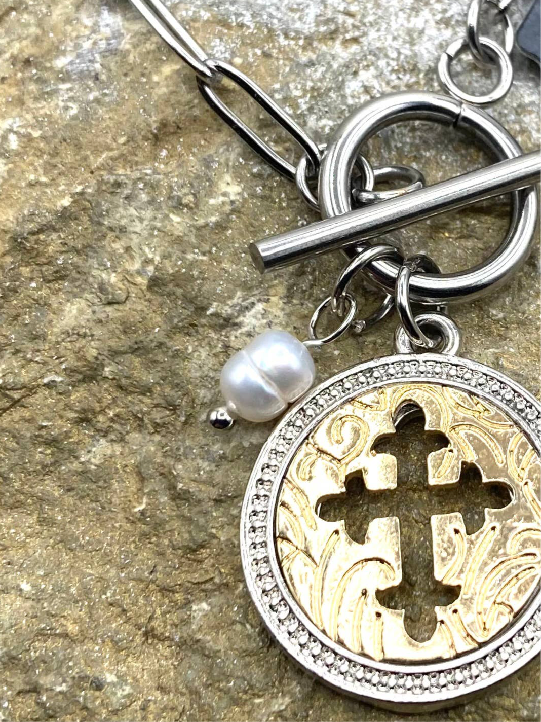 Cross Coin Charm Toggle Necklace