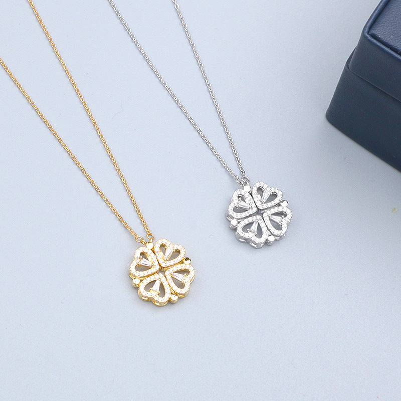 14″ Gold Dainty Necklace with Pavé Clover & Heart Charms – Convertible 2-Way Design