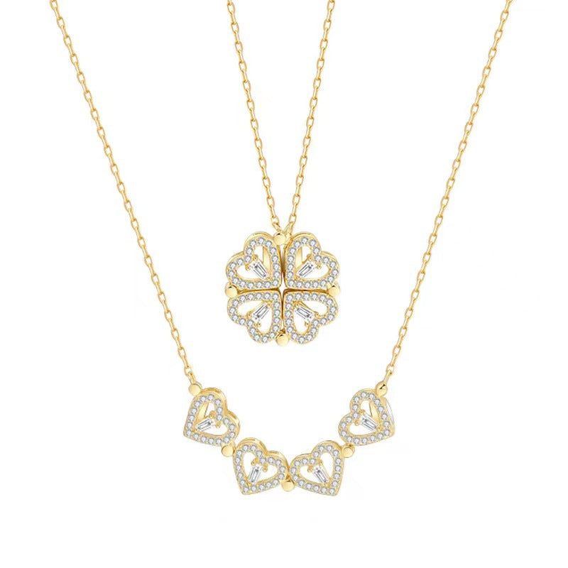 14″ Gold Dainty Necklace with Pavé Clover & Heart Charms – Convertible 2-Way Design