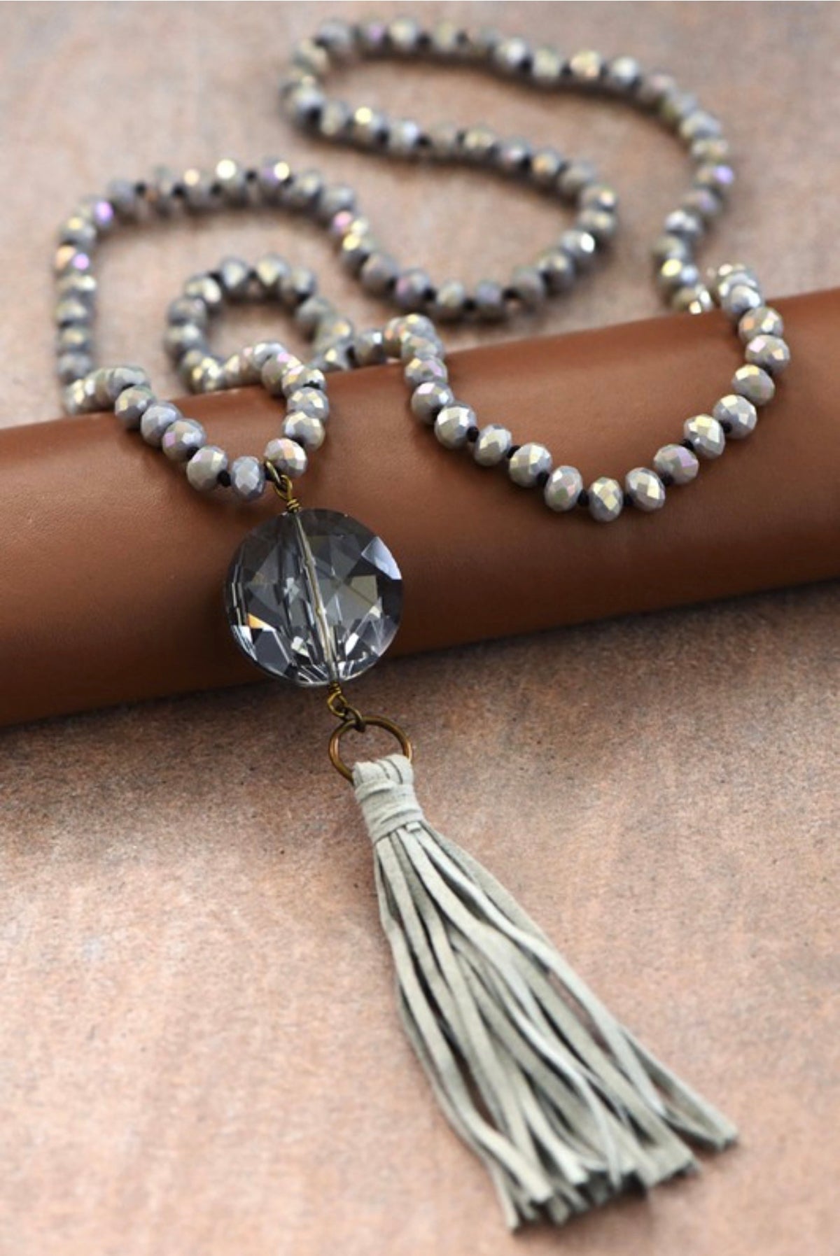 Crystal Tassel Statement Necklace – Champagne or Gray Boho Luxe Long Necklace