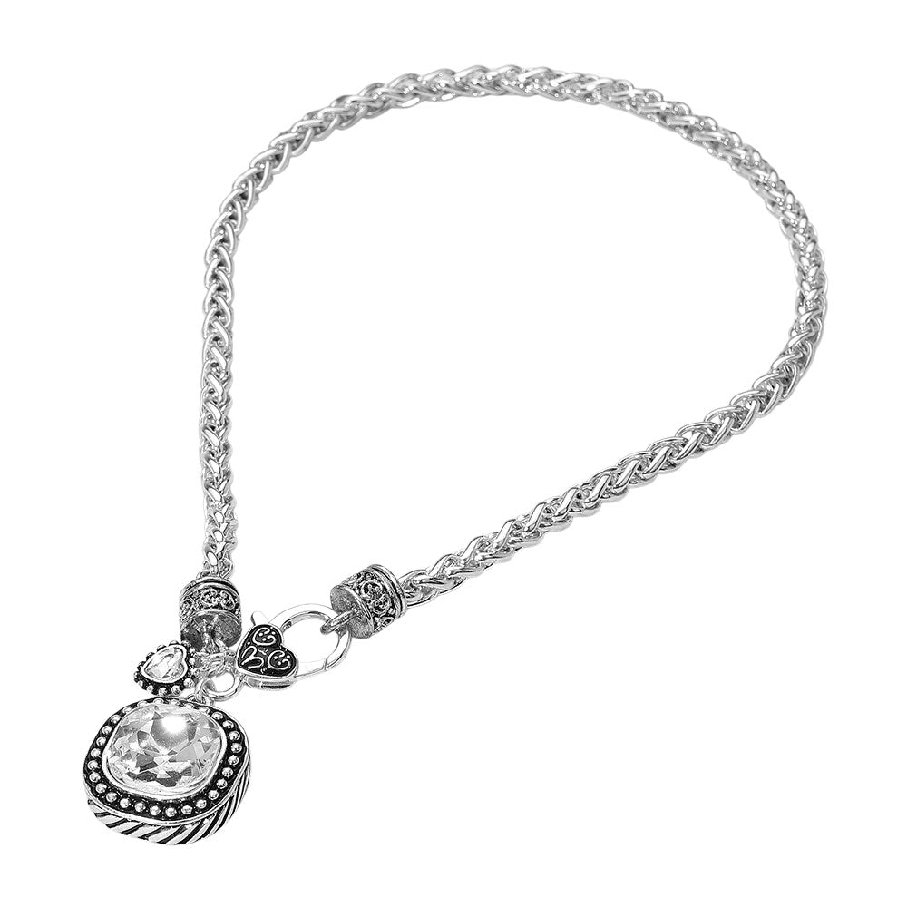 14″ Sparkle Charm Crystal Choker Necklace – Silver Braided Chain