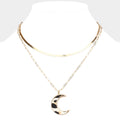 18″ Layered Gold Necklace with Paperclip Chain & Leopard Crescent Moon Pendant