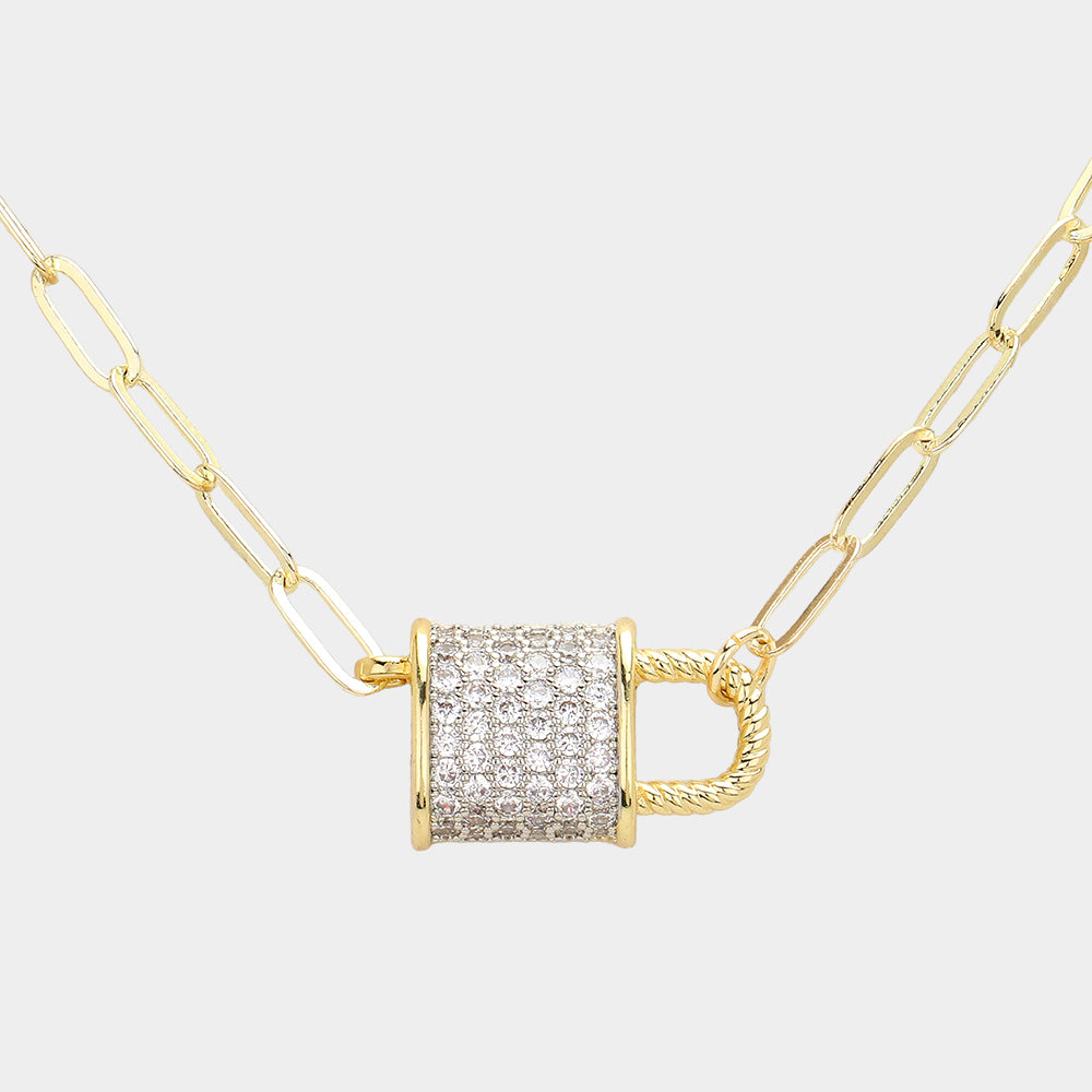 14K Gold Plated CZ Stone Paved Lock Pendant Necklace