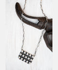16″ Silver Paperclip Link Necklace with Rectangular Studded Pendant, Statement Style