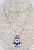 16″ Silver Paperclip Link Necklace with Lock Pendant + Aurora Borealis Crystal Teardrops
