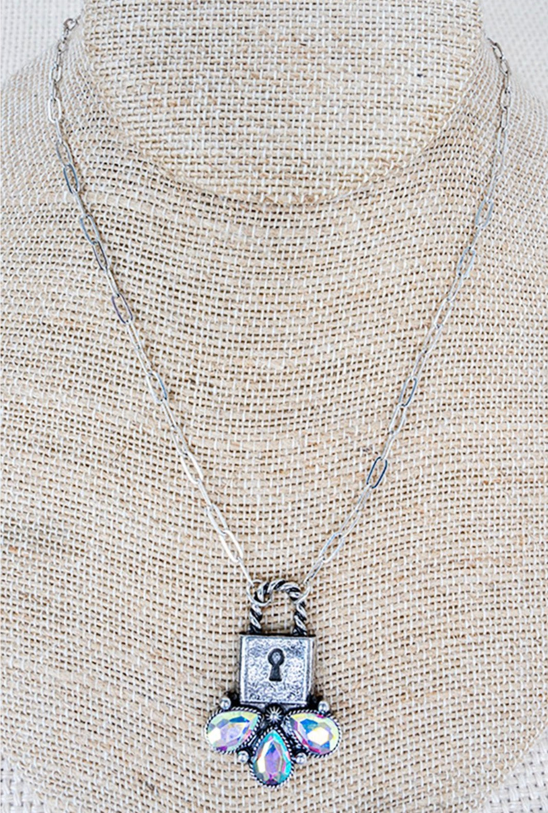 16″ Silver Paperclip Link Necklace with Lock Pendant + Aurora Borealis Crystal Teardrops