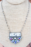 16″ Howlite Bar Necklace with AB Teardrop Fan Pendant | Silver Western Statement