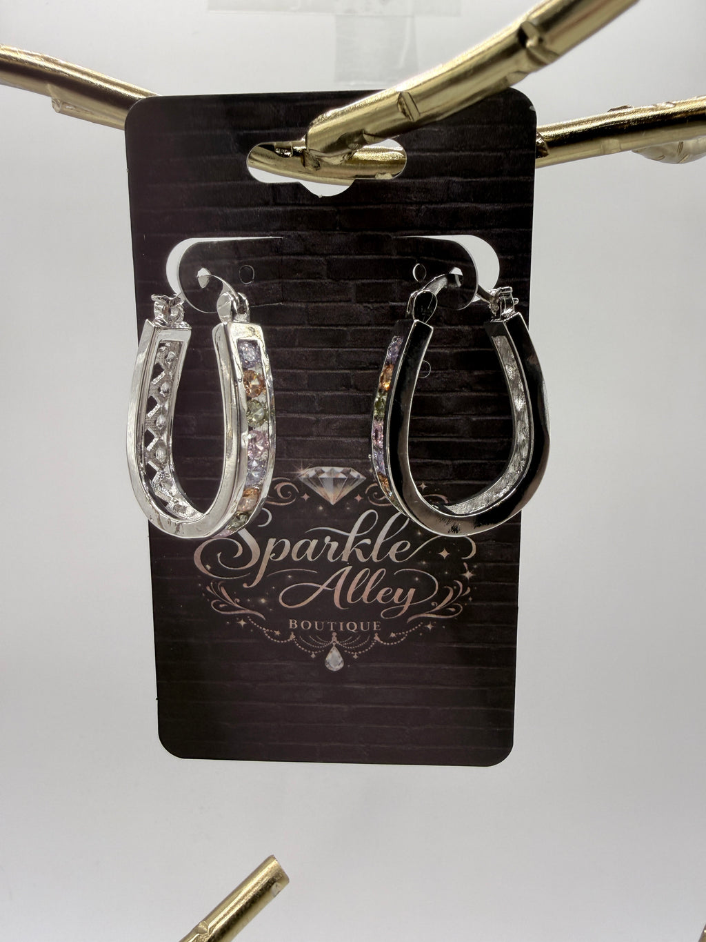 Silver Curved Hoop Earrings – Crystal Inset & Lattice Detail