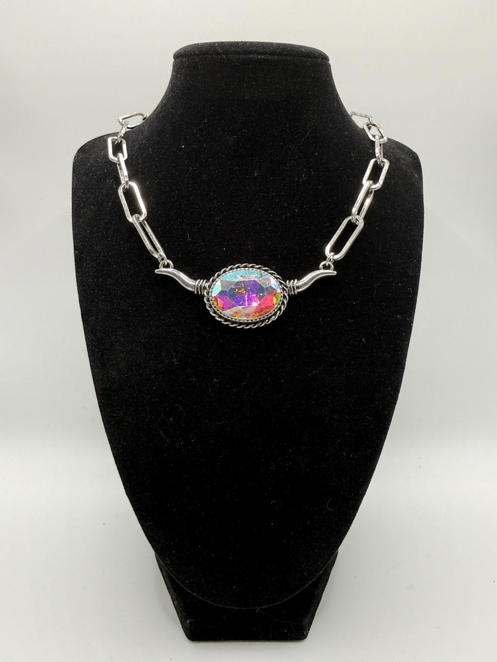 Iridescent Longhorn Steer Statement Necklace on Chunky Silver Chain — Rodeo Rockstar Vibes