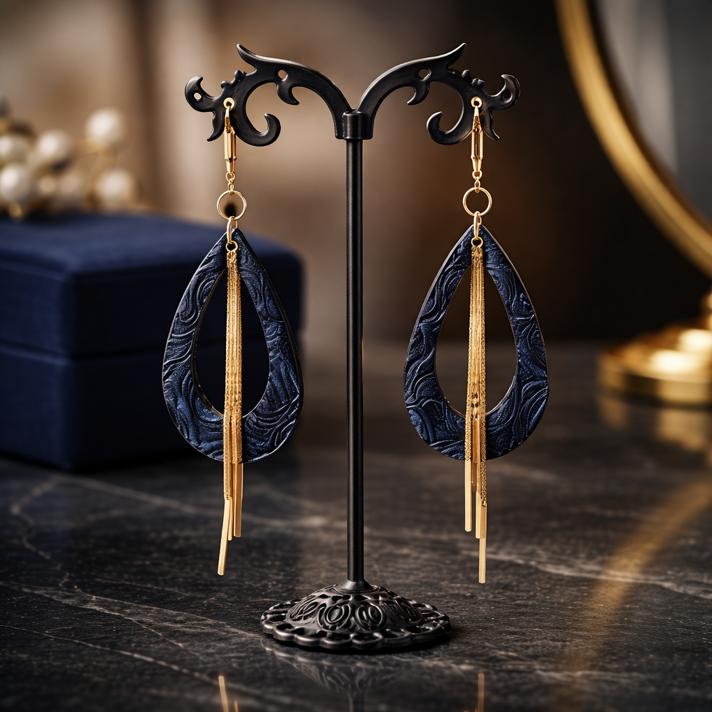 Midnight Tooled Faux Leather Dangle Earrings, Handmade + Gold Fringe